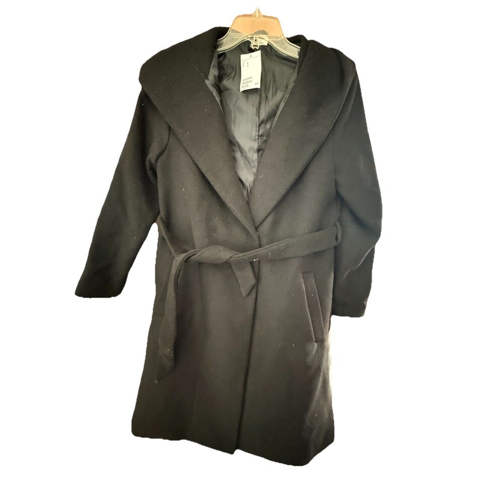 H&M Divided Black Hooded Wrap Coat Belted Size M